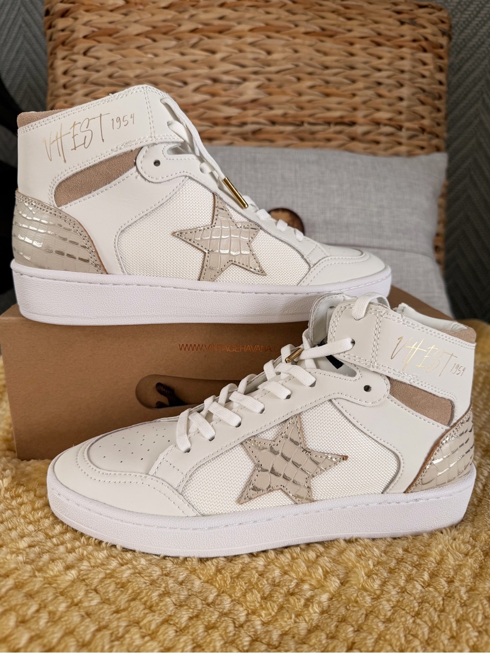 Vintage Havana Cream High-Top Sneakers with Metallic Beige Star